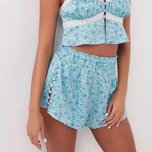 For Love & Lemons Alana blue floral satin shorts